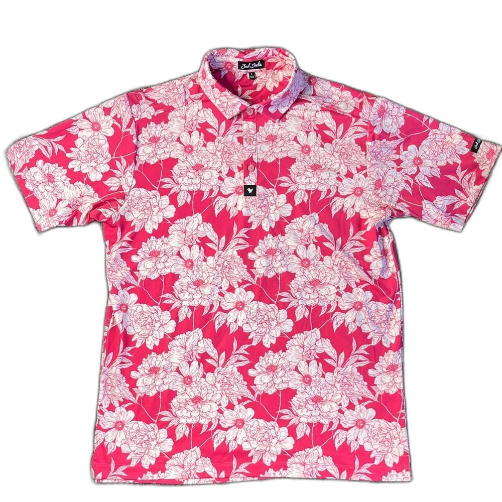 Bad Birdie Men's Polo Shirt Hot Pink and White Floral Performance Stretch Golf